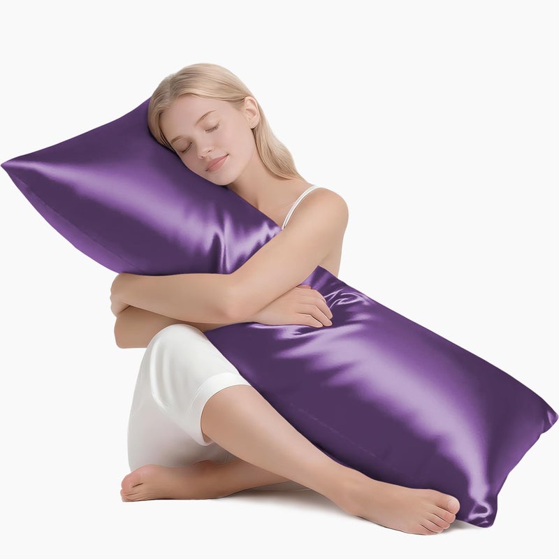 MR&HM Satin Body Pillow Cover, Soft and Breathable Body Pillow Case with Envelope Closure, Cooling and Silky Long Pillowcase for Hair and Skin,Grey (20x54, Lavender) - Image 1